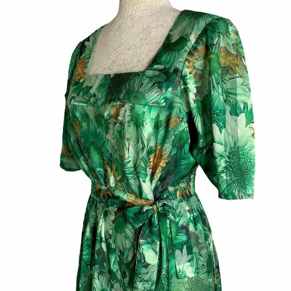 Vintage Floral Maxi Dress M Green Square Neck - Picture 5 of 8